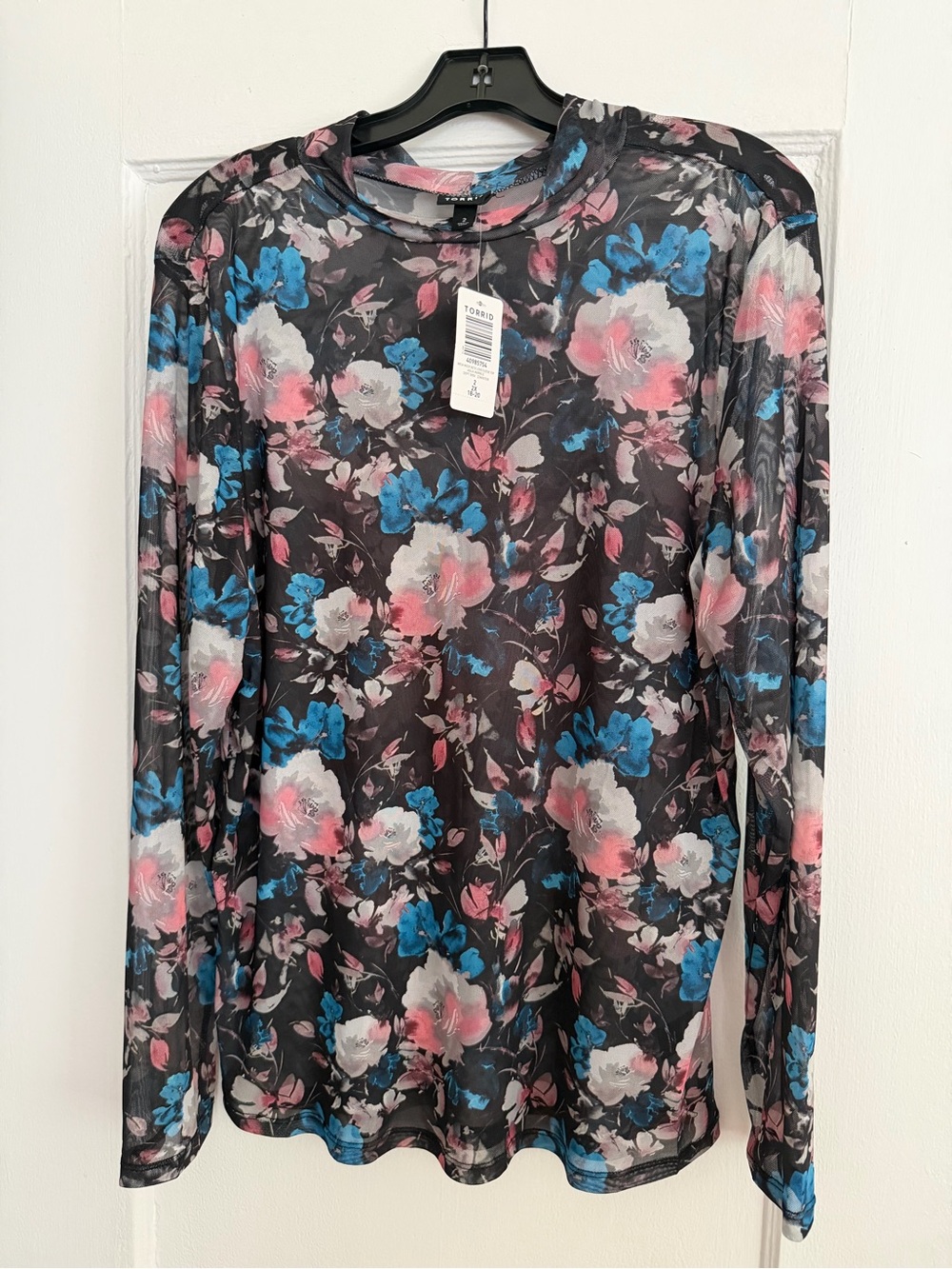 torrid Black Floral Mesh Long Sleeve Top with Pink & Blue Flowers